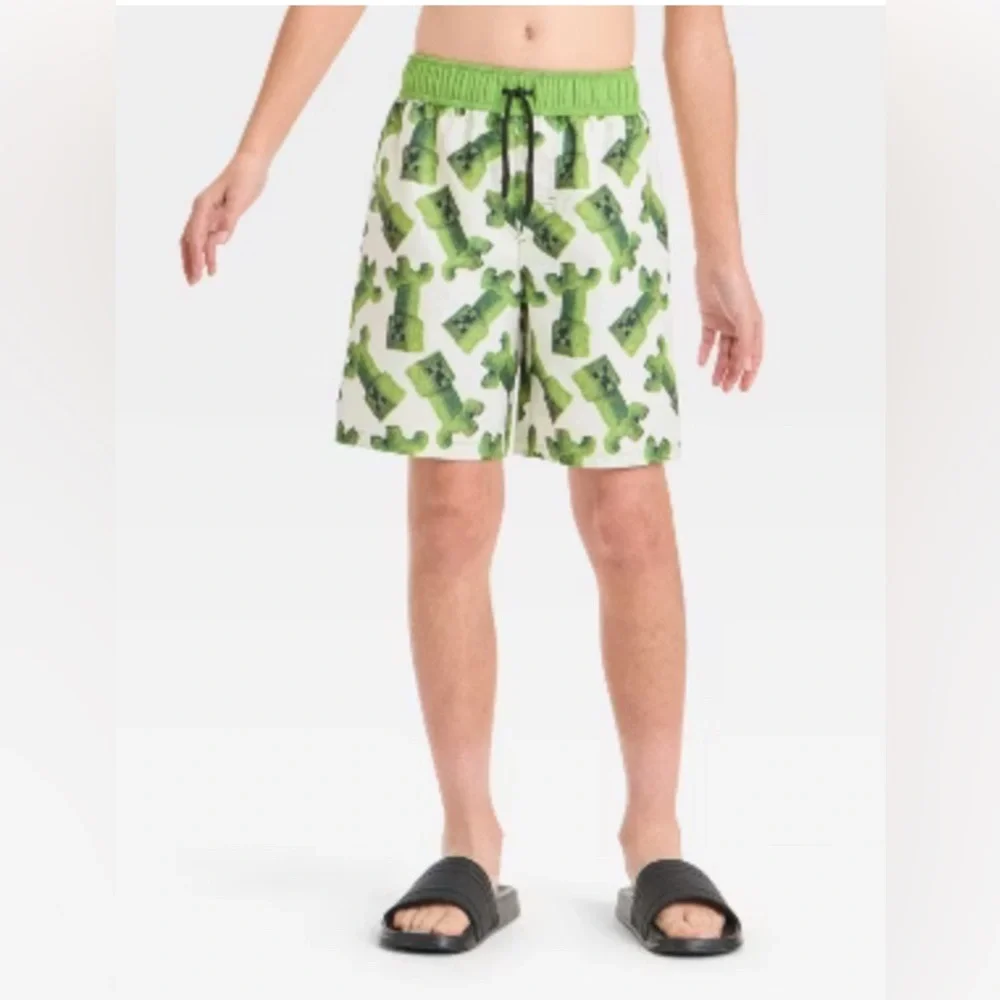 Boys' Minecraft Movie Art Swim Shorts - White/Green M: UPF 50+ Microfiber Board